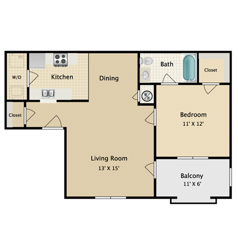 Floor plan for 1 bed, 1 bath, 700 sqft
