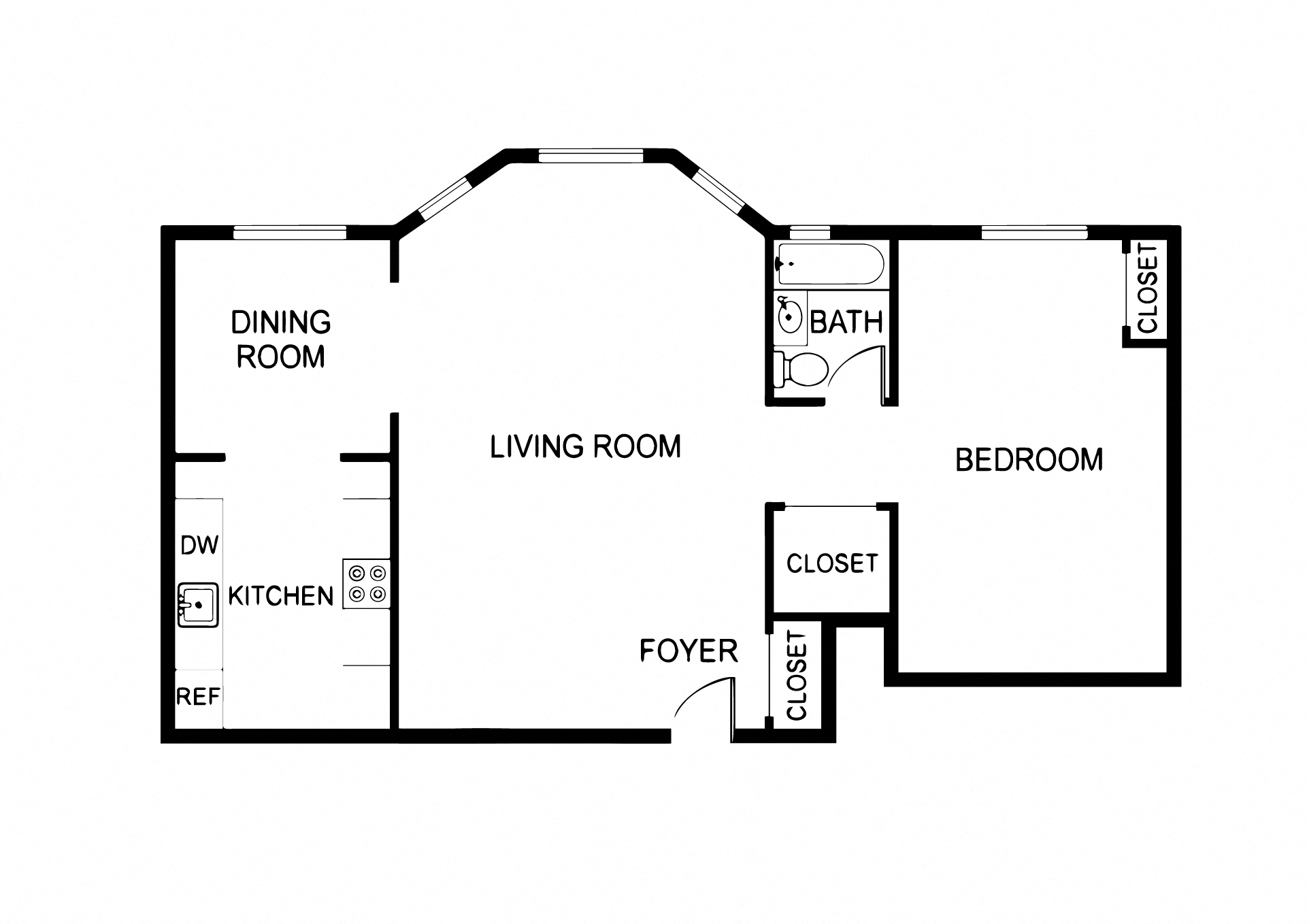 Floor plan for 1 bed, 1 bath, 610 sqft