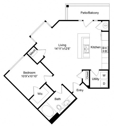 Floor plan for 1 bed, 1 bath, 723 sqft