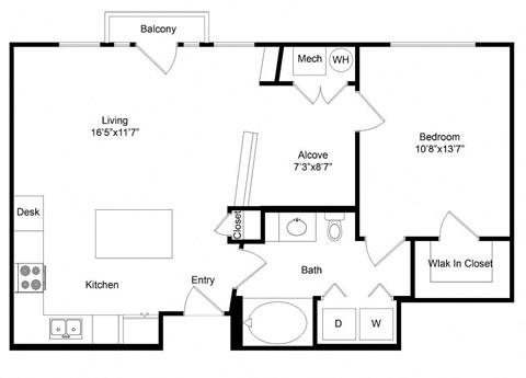 Floor plan for 1 bed, 1 bath, 750 sqft