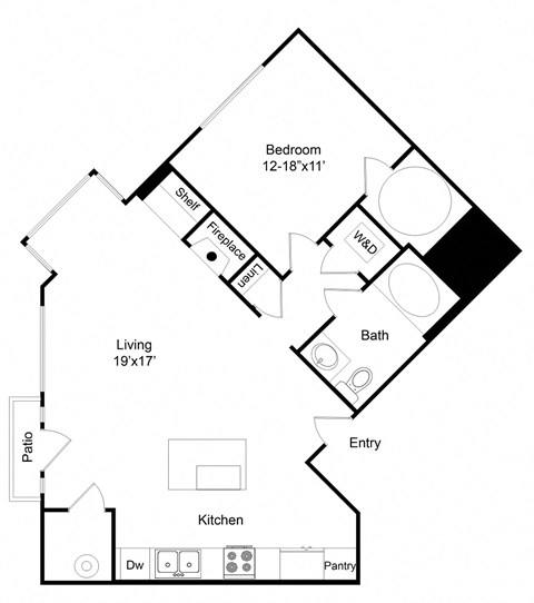 Floor plan for 1 bed, 1 bath, 801 sqft