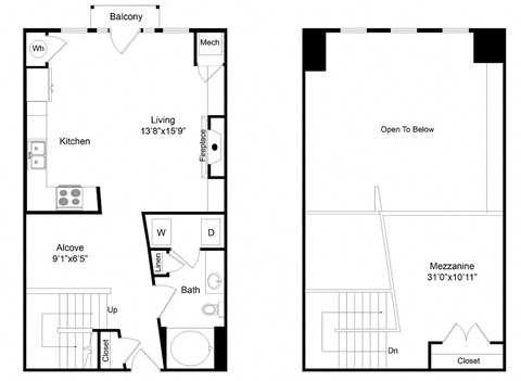 Floor plan for 1 bed, 1 bath, 818 sqft