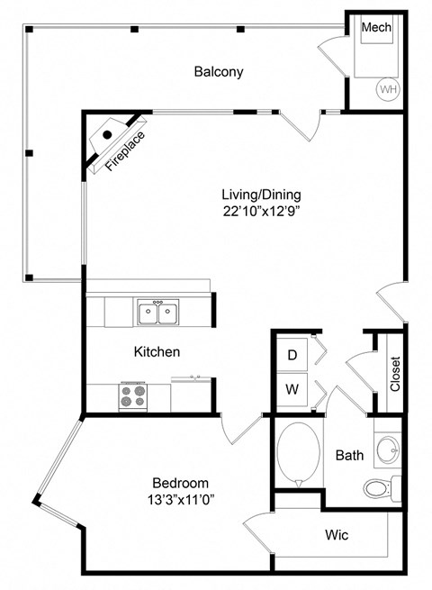 Floor plan for 1 bed, 1 bath, 828 sqft