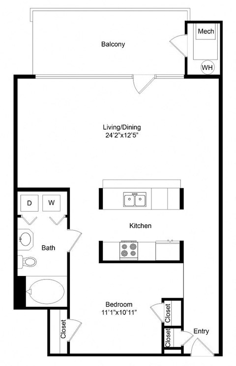 Floor plan for 1 bed, 1 bath, 881 sqft