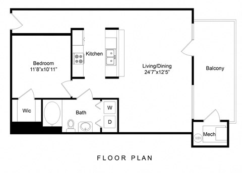 Floor plan for 1 bed, 1 bath, 881 sqft