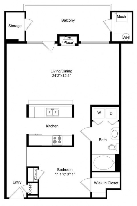 Floor plan for 1 bed, 1 bath, 881 sqft