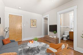 Denver apartment for rent - A living room with a grey couch, a coffee table, and a television 1170 N Logan St in Denver, CO
