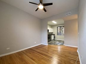 Chicago apartment for rent - Living room with hardwood flooring and a ceiling fan