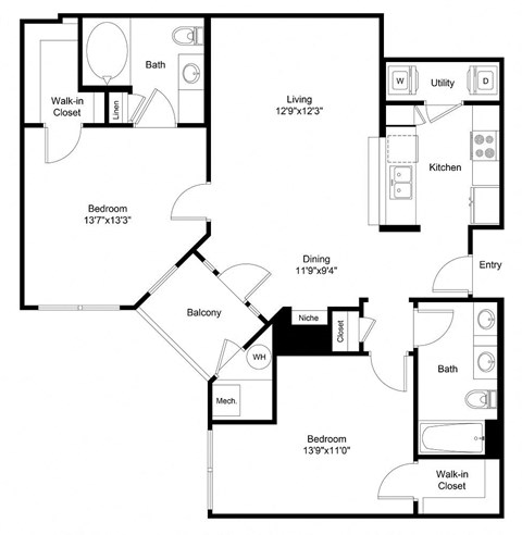 Floor plan for 2 beds, 2 baths, 1058 sqft