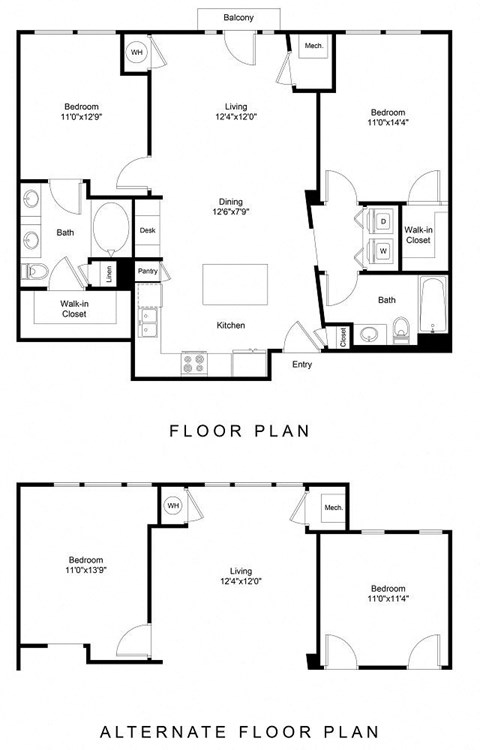 Floor plan for 2 beds, 2 baths, 1058 sqft