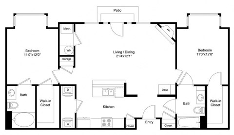 Floor plan for 2 beds, 2 baths, 1112 sqft