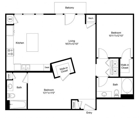 Floor plan for 2 beds, 2 baths, 1120 sqft