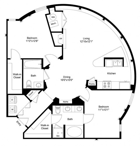 Floor plan for 2 beds, 2 baths, 1139 sqft