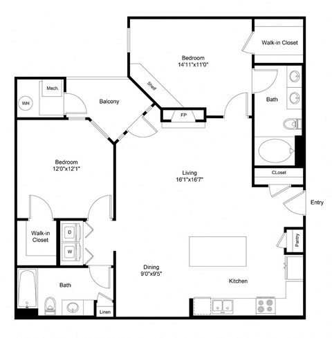 Floor plan for 2 beds, 2 baths, 1186 sqft
