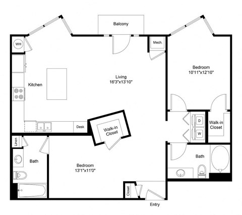 Floor plan for 2 beds, 2 baths, 1121 sqft