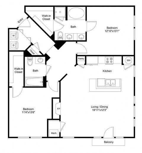Floor plan for 2 beds, 2 baths, 1219 sqft