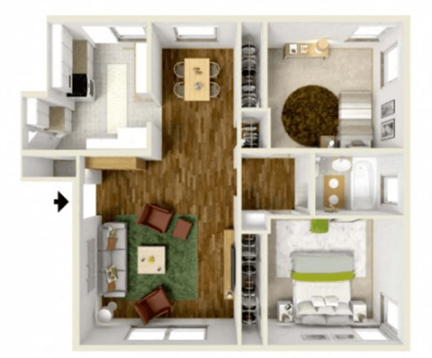 Floor plan for 2 beds, 1 bath, 830 sqft