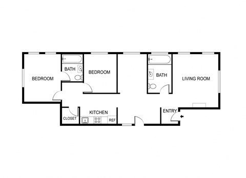 Floor plan for 2 beds, 2 baths, 1100 sqft