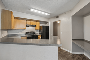 Jacksonville apartment for rent - Kitchen with natural wood cabinetry, black appliances, generous counter space, and breakfast bar in a 1-bedroom apartment at Gregory Cove in Jacksonville, FL.