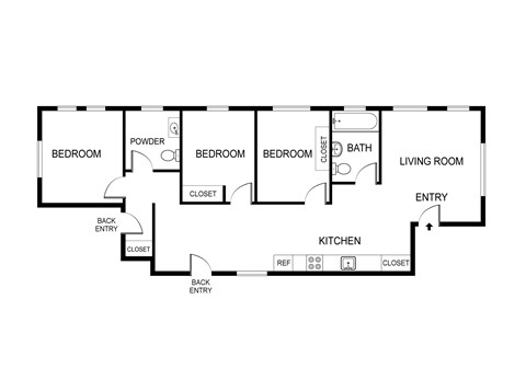 Floor plan for 3 beds, 3 baths, 1200 sqft