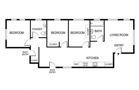 Floor plan for 3 beds, 1 bath, 1100 sqft