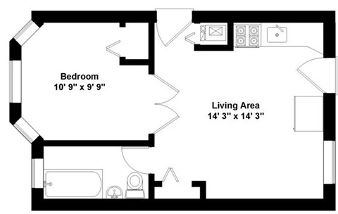 Floor plan for 1 bed, 1 bath, 500 sqft