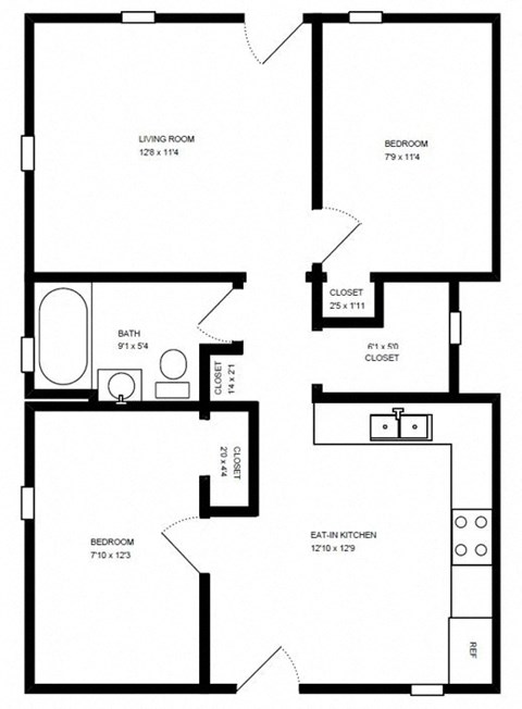 Floor plan for 2 beds, 1 bath, 579 sqft