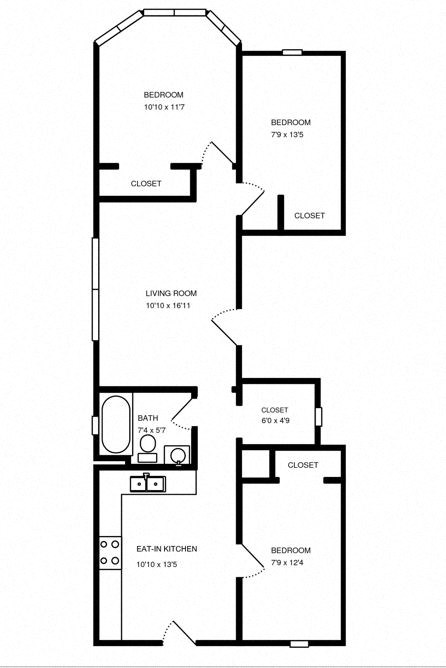 Floor plan for 3 beds, 1 bath, 745 sqft