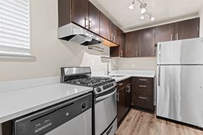 Denver apartment for rent - A white dishwasher is in a kitchen with dark brown cabinets at 1444 Saint Paul St in Denver, CO