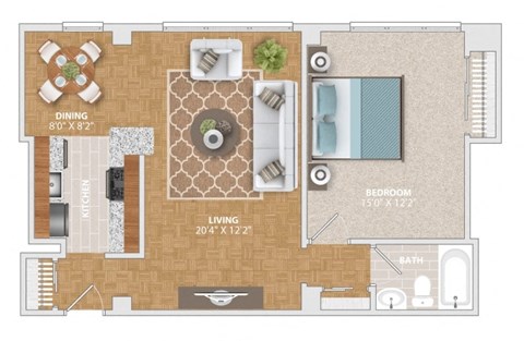 Floor plan for 1 bed, 1 bath, 660 sqft