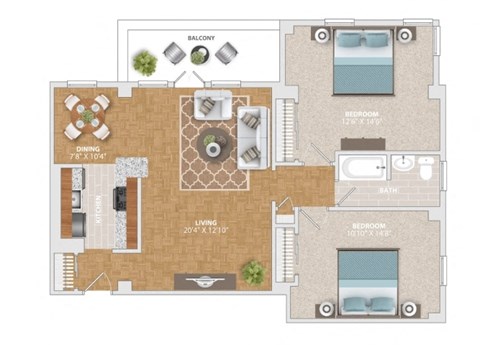 Floor plan for 2 beds, 1 bath, 850 sqft