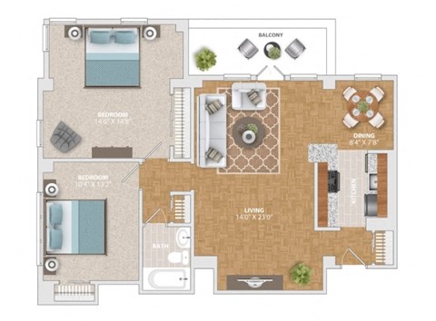 Floor plan for 2 beds, 1 bath, 940 sqft
