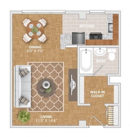 Floor plan for studio, 1 bath, 385 sqft
