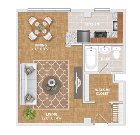 Floor plan for studio, 1 bath, 380 sqft