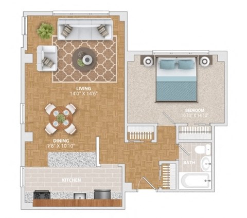 Floor plan for 1 bed, 1 bath, 700 sqft
