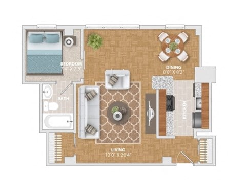 Floor plan for studio, 1 bath, 500 sqft