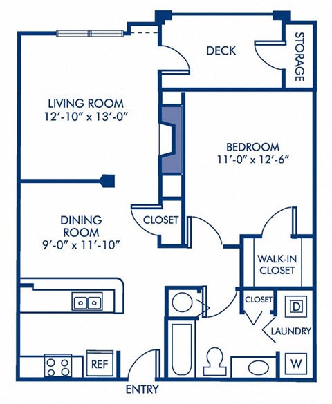 Floor plan for 1 bed, 1 bath, 790 sqft