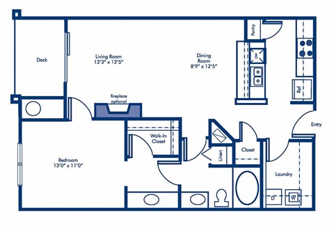 Floor plan for 1 bed, 1 bath, 830 sqft
