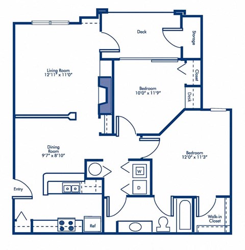 Floor plan for 2 beds, 1 bath, 929 sqft