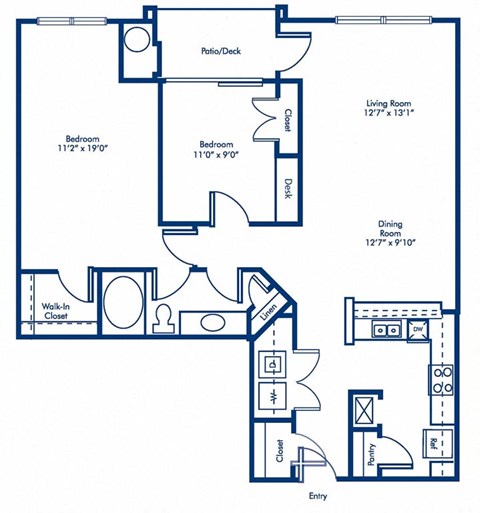 Floor plan for 2 beds, 1 bath, 1029 sqft
