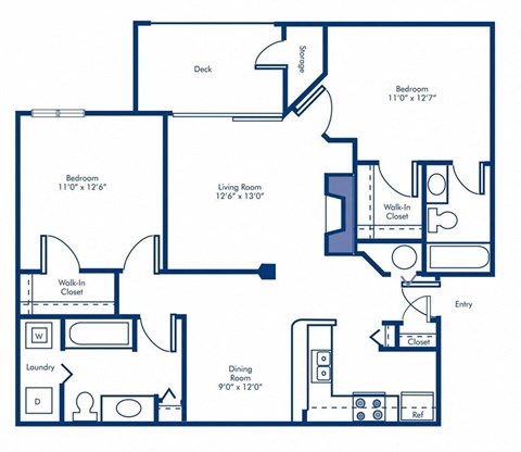 Floor plan for 2 beds, 2 baths, 1061 sqft