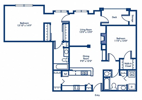 Floor plan for 2 beds, 2 baths, 1164 sqft