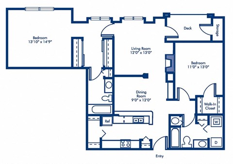 Floor plan for 2 beds, 2 baths, 1611 sqft