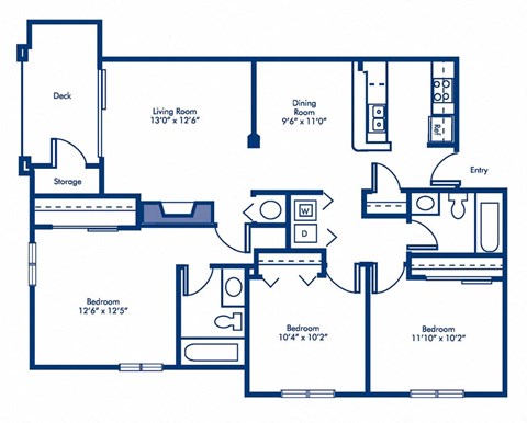 Floor plan for 3 beds, 2 baths, 1218 sqft