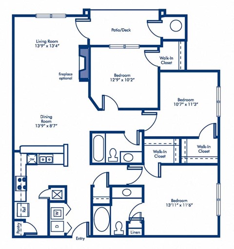 Floor plan for 3 beds, 2 baths, 1276 sqft