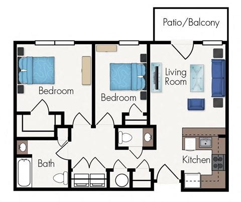 Floor plan for 2 beds, 1.5 baths, 890 sqft