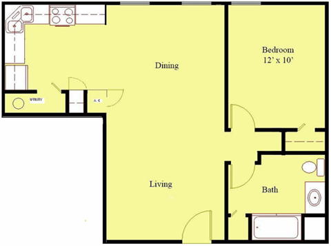Floor plan for 1 bed, 1 bath, 665 sqft