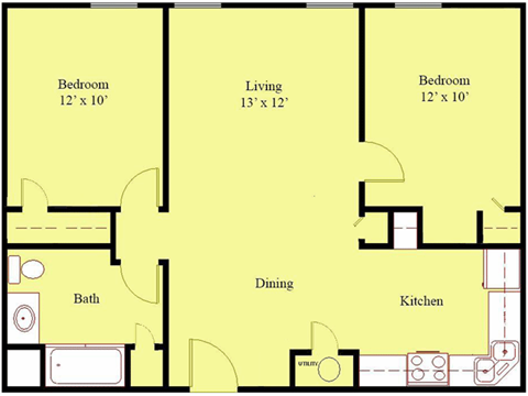 Floor plan for 2 beds, 1 bath, 800 sqft
