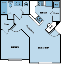 Floor plan for 1 bed, 1 bath, 678 sqft