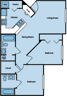 Floor plan for 2 beds, 2 baths, 903 sqft
